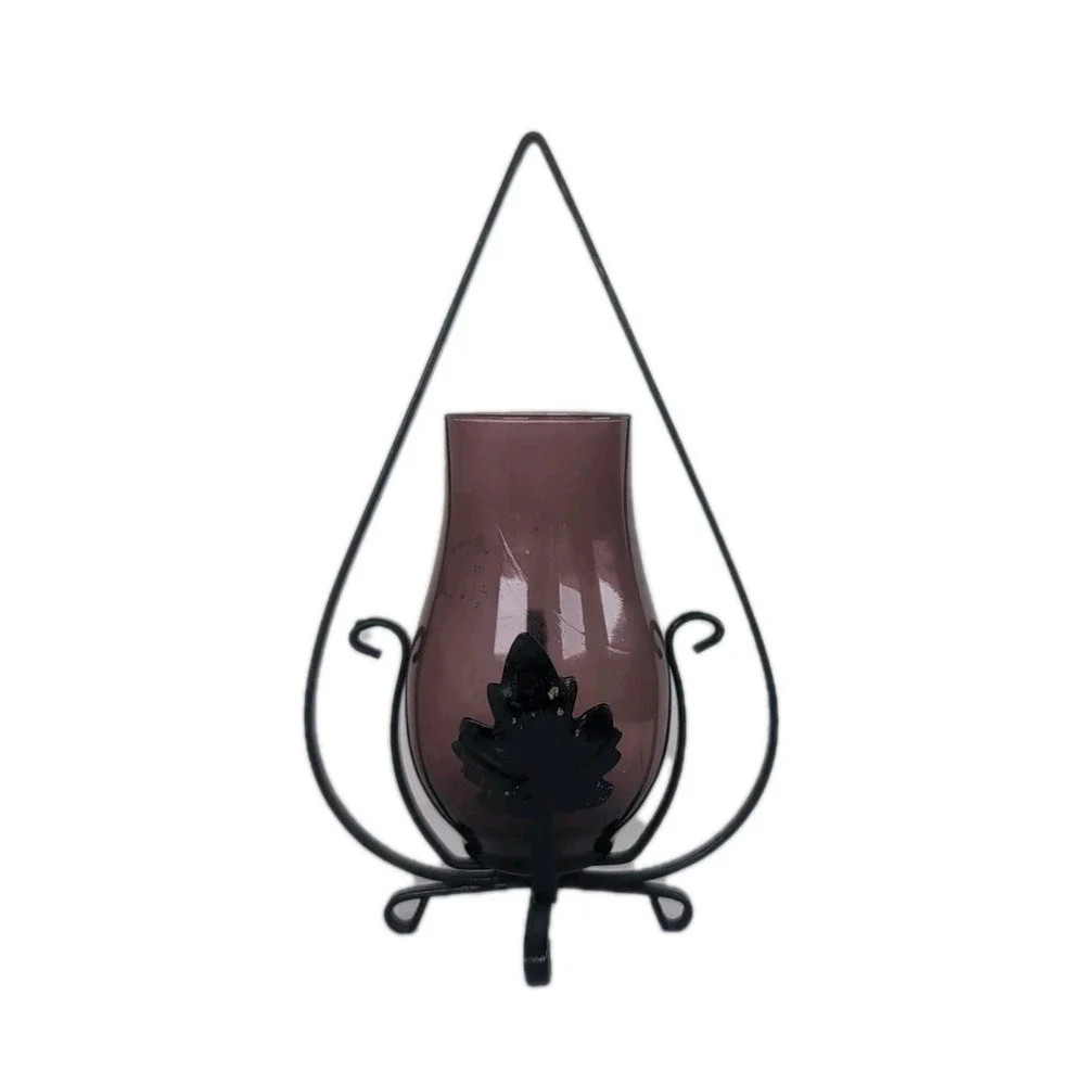 Black Metal Hanging Candle Holder W/Purple Glass Hurricane Footed Vintage Boho